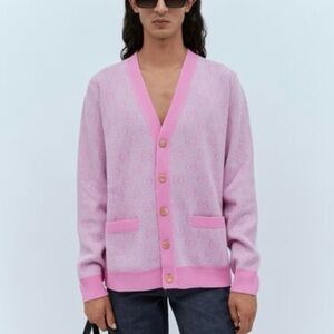 Gucci Pink Men's Jacquard GG Wool Cardigan Sweater 2023